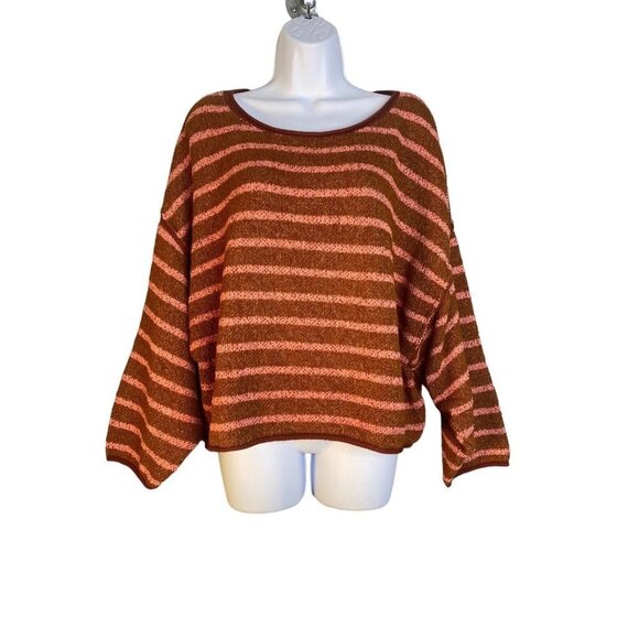 Free People Bardot Stripe Boho Cropped Long Sleeve Sweater Brown Motif Small - Picture 2 of 10